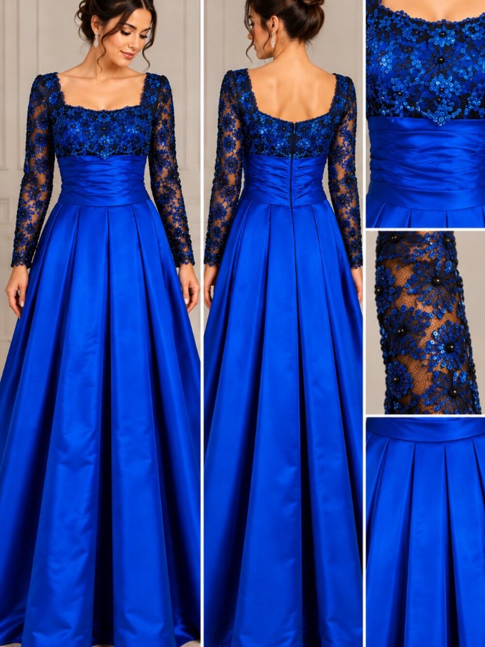 Vintage Carol Mignon Boutique Blue Satin Lace Sequin Formal Gown